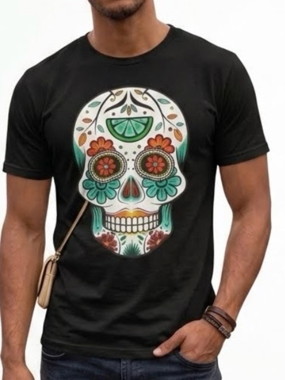Men's Black Short-Sleeve Tee with Colorful Sugar Skull Graphic